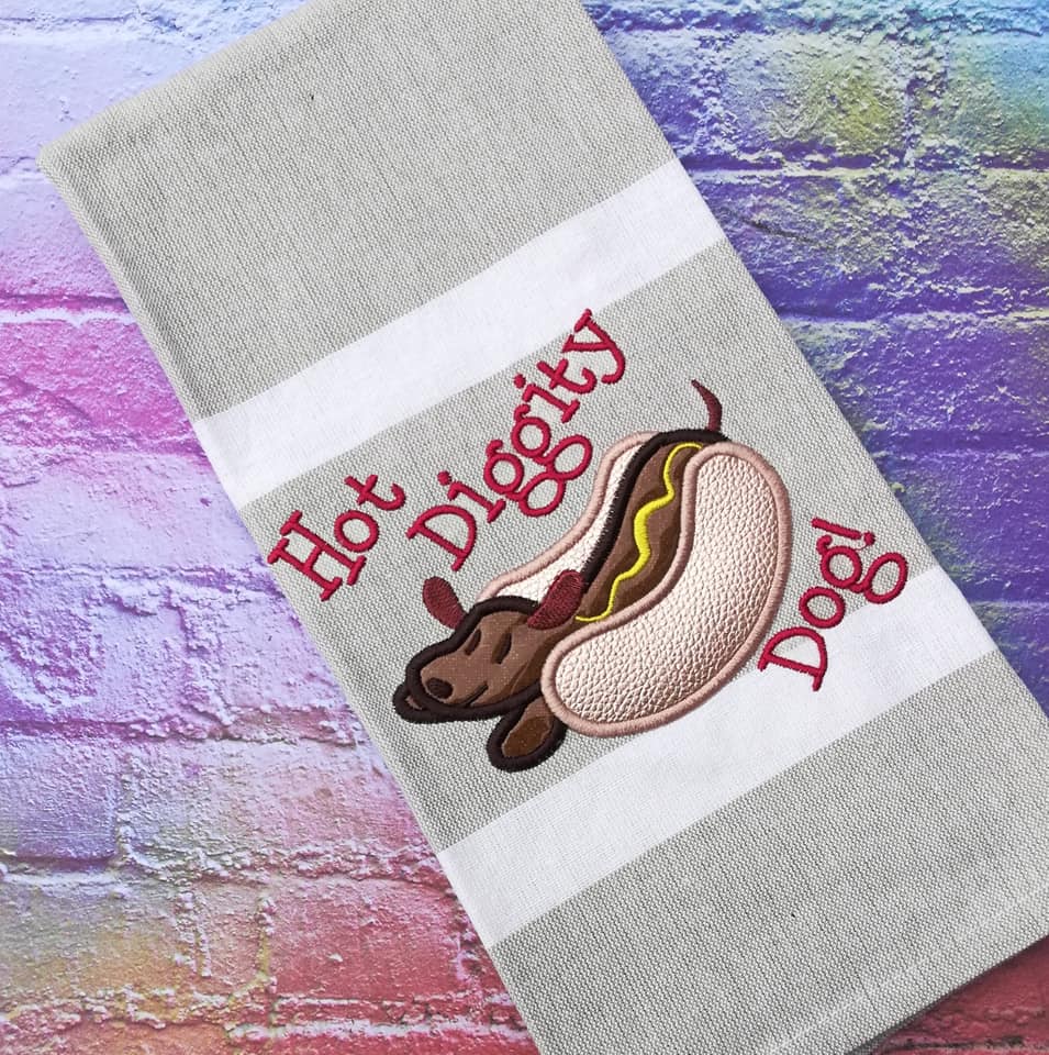 DIGITAL DOWNLOAD 2 Sizes Hot Diggity Dog Dachshund Applique Design