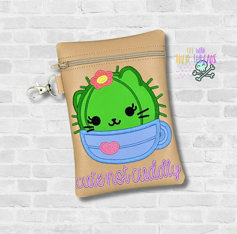 DIGITAL DOWNLOAD ITH Cute Not Cuddly Girl Kitty Cactus Applique Zipper Bag Lined and Unlined