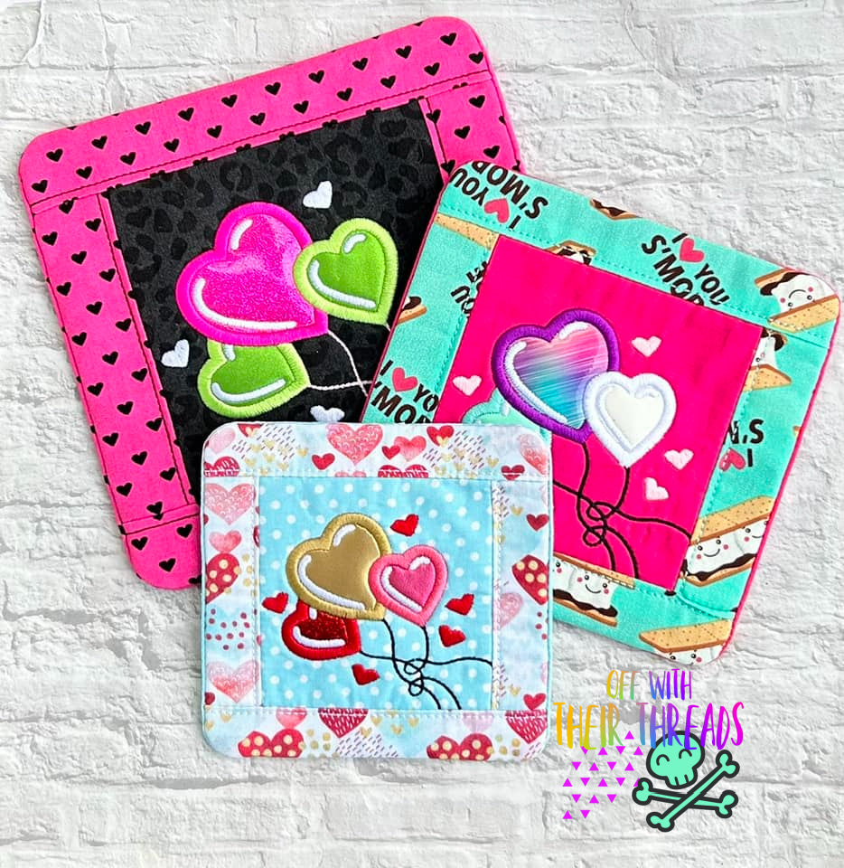 DIGITAL DOWNLOAD Applique Heart Balloons Quilted Mug Rug Snack Mat Set 5 SIZES INCLUDED ENVELOPE STYLE