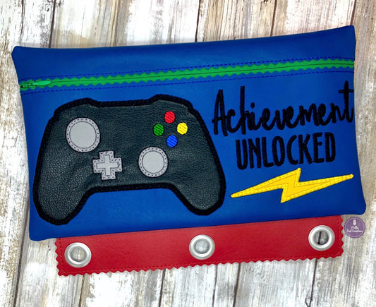 DIGITAL DOWNLOAD ITH Pencil Pouch Achievement Unlocked Applique Binder Bag 4 Sizes Included