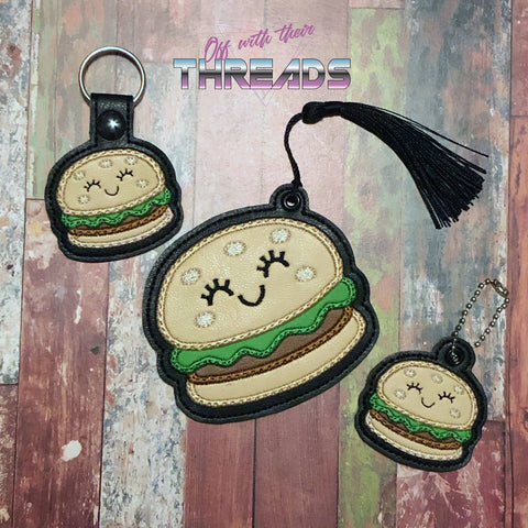 DIGITAL DOWNLOAD Applique Hamburger ITH Bundle Snap Tab Charm Bookmark Ornament Gift Tag