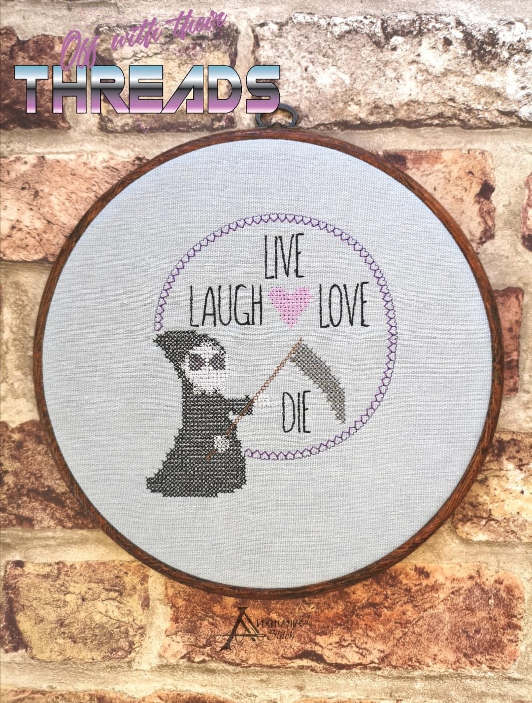 DIGITAL DOWNLOAD Live Laugh Love Die Grim Reaper Cross Stitch 4 SIZES INCLUDED