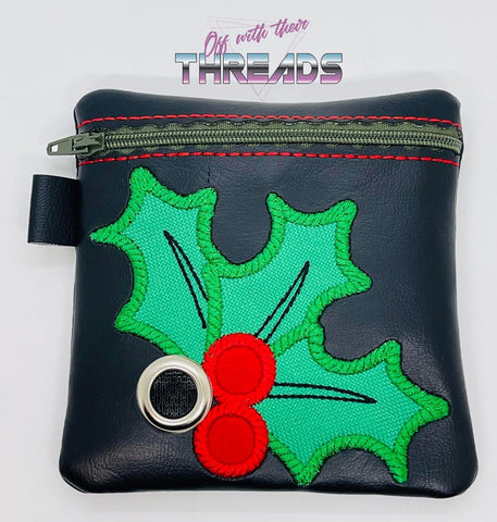 DIGITAL DOWNLOAD 5x5 Applique Christmas Holly Poo Bag Zippered Bag