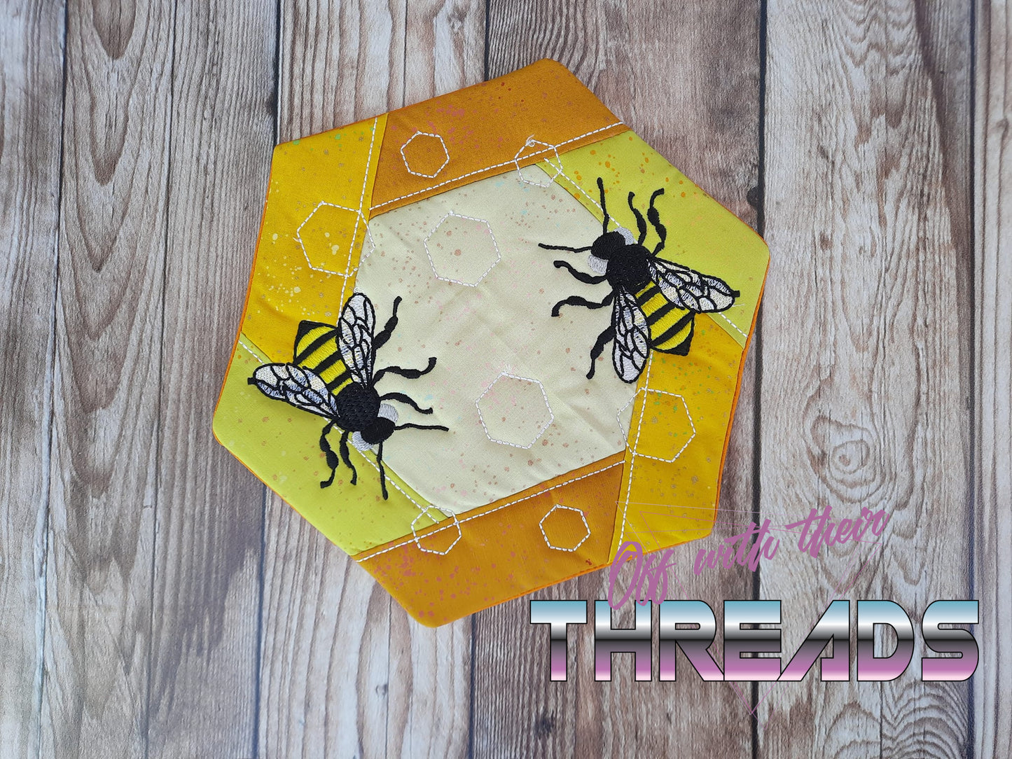 DIGITAL DOWNLOAD Quilted Honey Bee Hexagon Mug Rug 4 SIZES INCLUDED ENVELOPE AND TURN HOLE OPTIONS