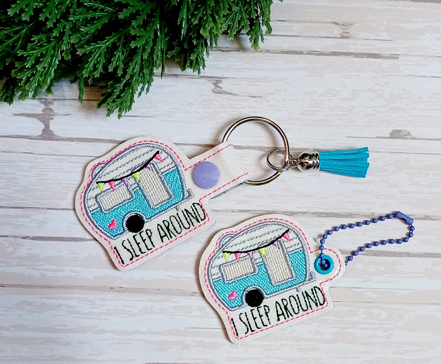 DIGITAL DOWNLOAD I Sleep Around Camper Camping Snap Tab Key Chain and Eyelet Set