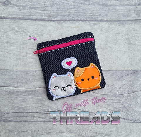 DIGITAL DOWNLOAD Applique Heart Kitties Zipper Bag Lined and Unlined