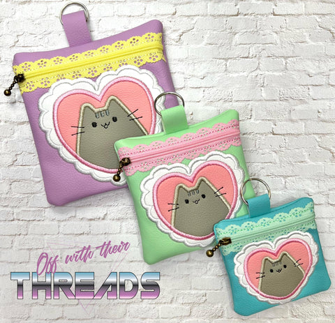 DIGITAL DOWNLOAD Applique Heart Kitty Bag Set 3 SIZES INCLUDED