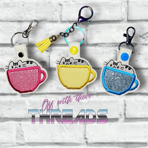 DIGITAL DOWNLOAD Applique Tea Cup Kitty Snap Tab Key Chain