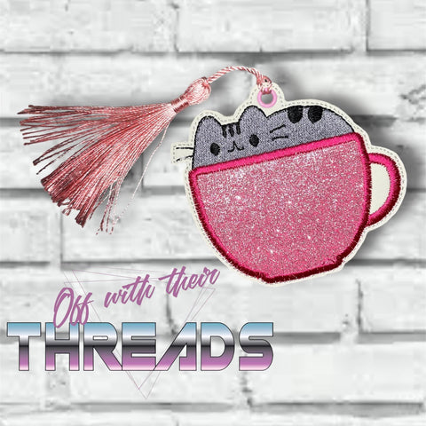 DIGITAL DOWNLOAD Applique Tea Cup Kitty Bookmark Ornament Gift Tag