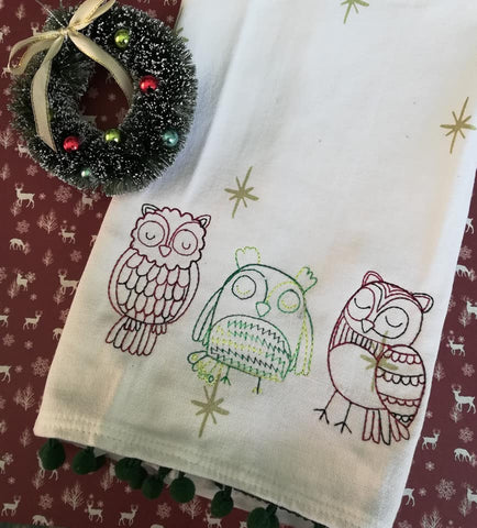 DIGITAL DOWNLOAD 3 Sizes Owl Trio Redwork Embroidery Design